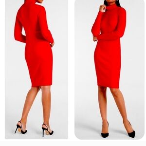 Express Rib Knit Turtleneck Sweater Dress Long Sleeves Hot Red